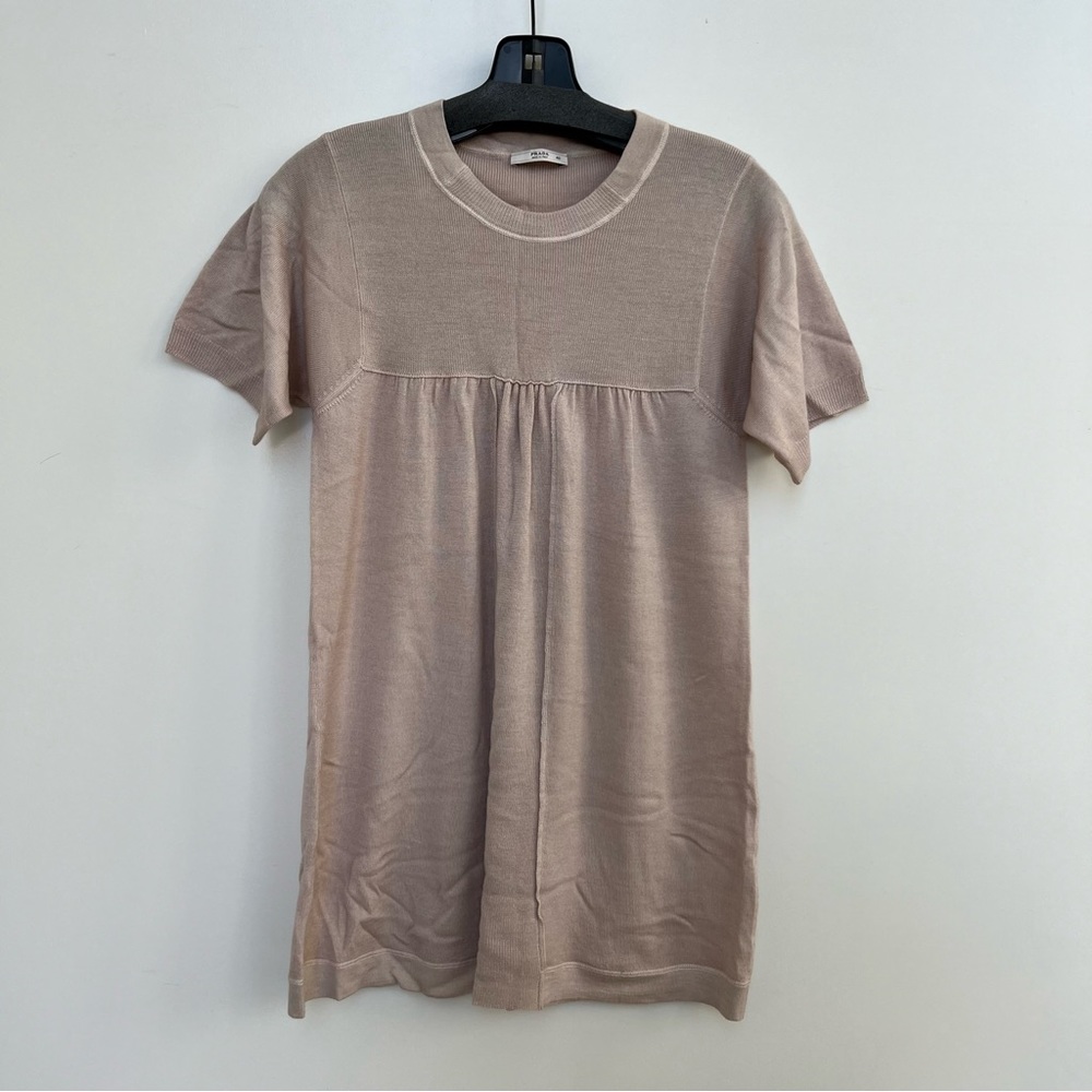 Prada Womens Short Sleeve Mini Babydoll Sweater Dress Beige Wool Size US 4 IT 40